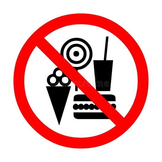 Graphics of a lolipop, burger, and ice cream behind a red circle with a line through it